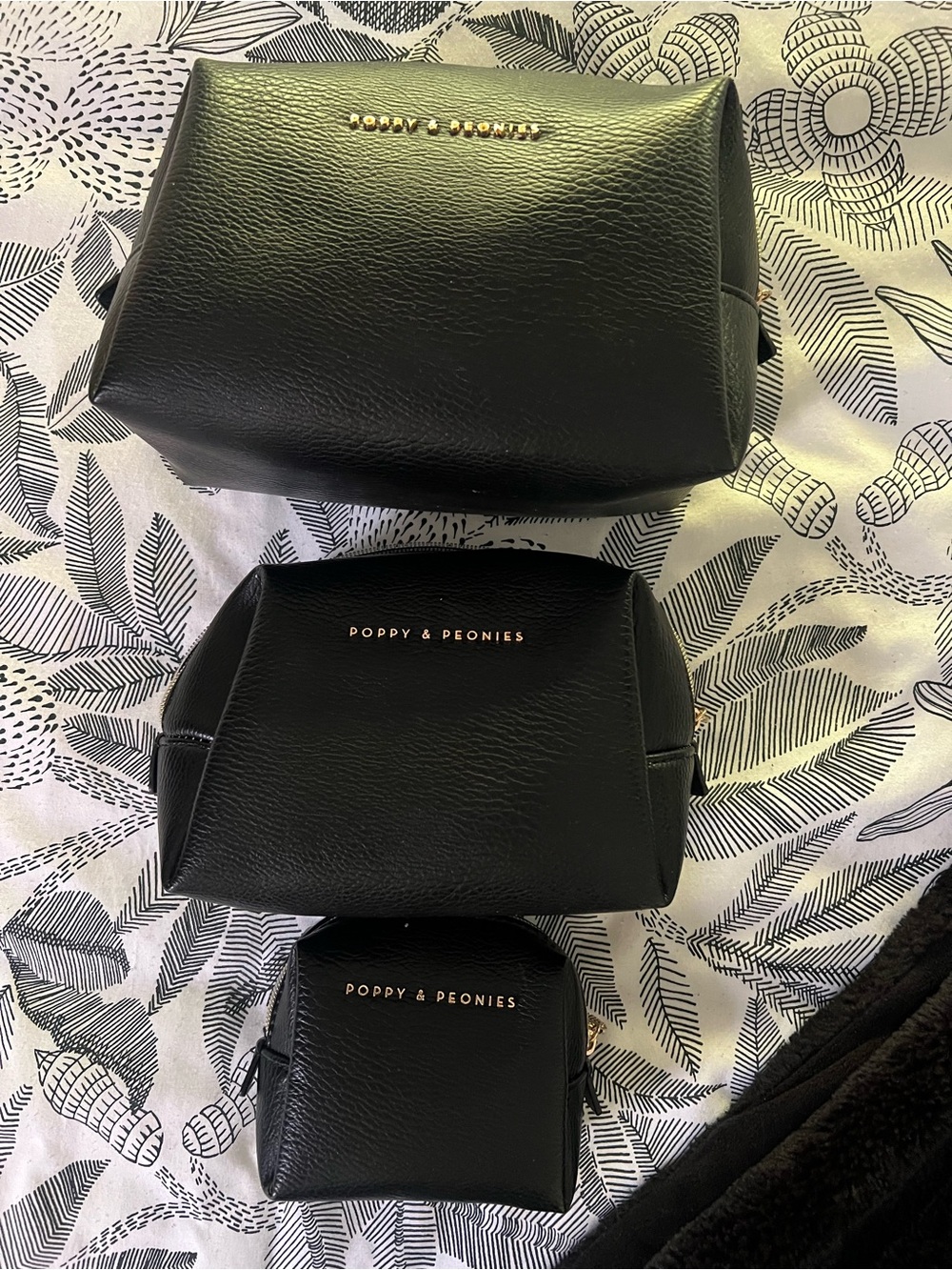 Poppy & Peonies Black Faux Leather Cosmetic Trio with Gold Logo